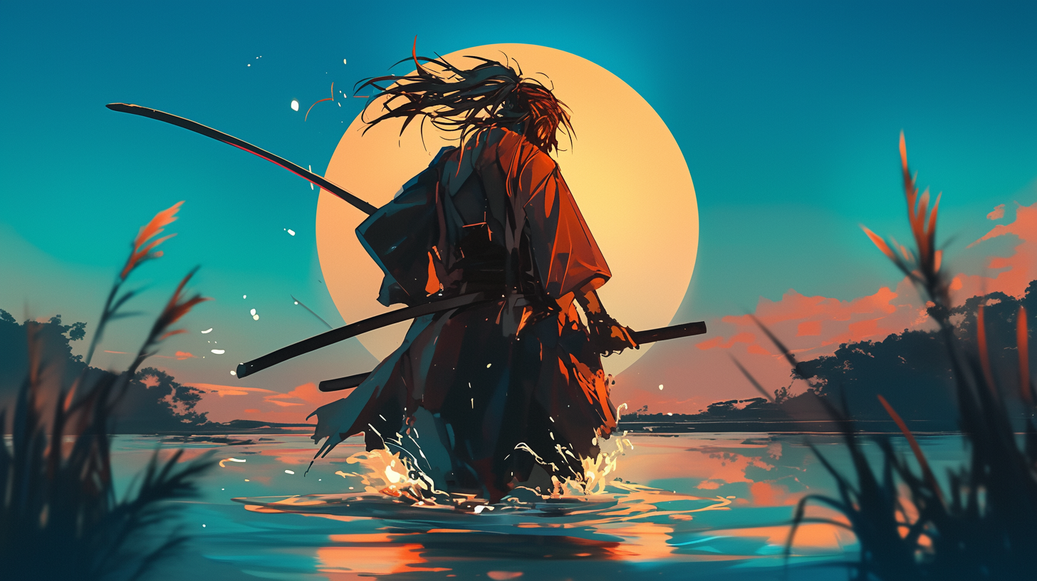 samurai in river moon reflection