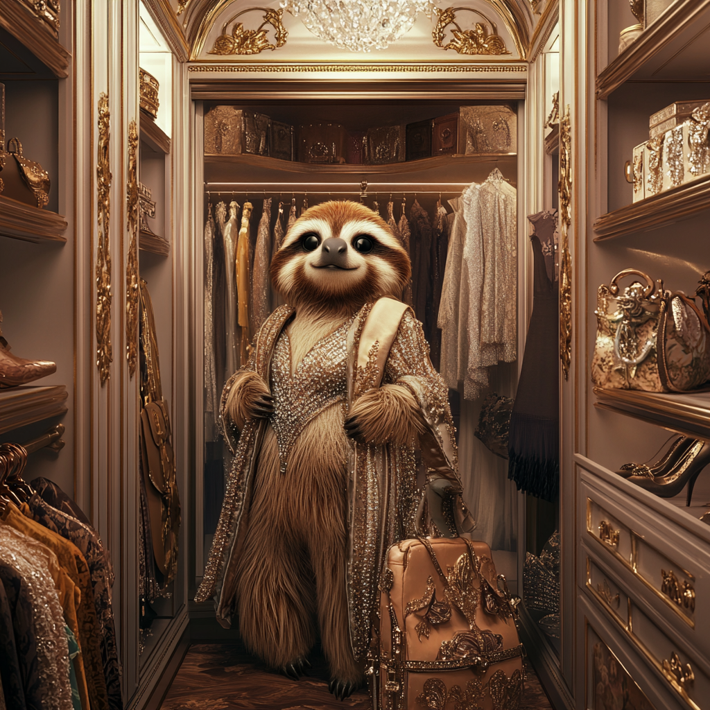 Sloth in luxury walk-in closet