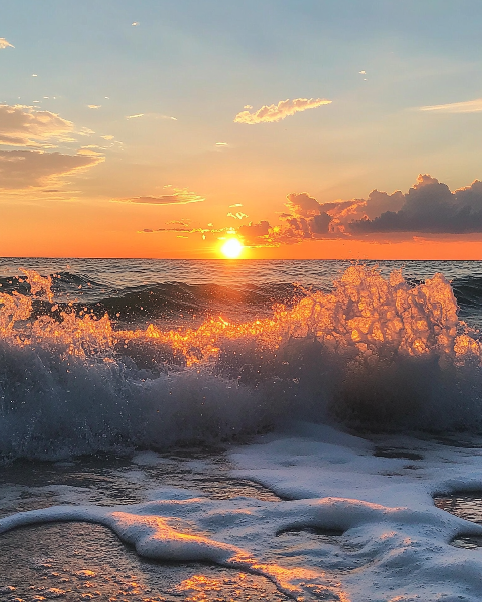 Sea Waves Sunset Beach Sky