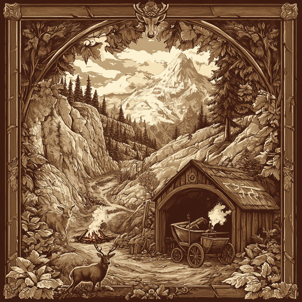 sepia western mining poster with Yggdrasil, mountain, animals.