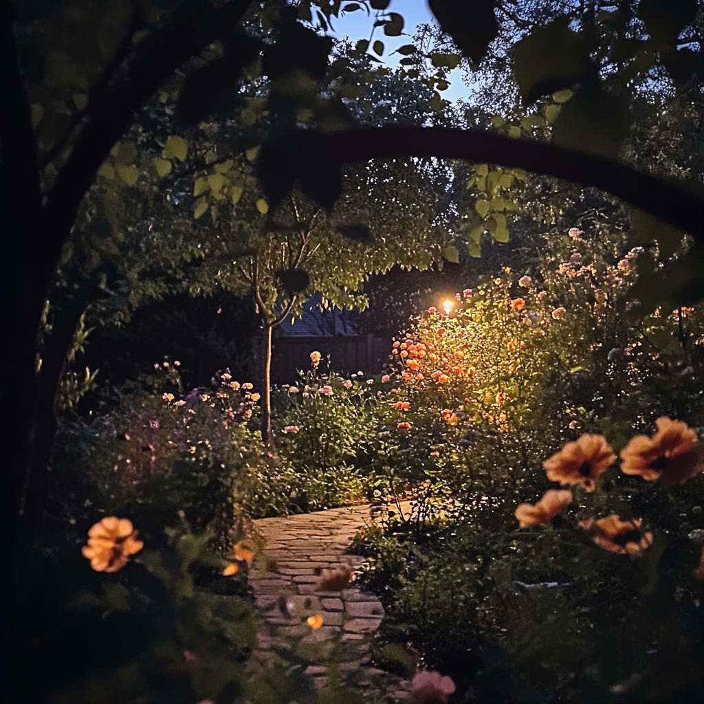 Tranquil moonlit garden with glowing flowers