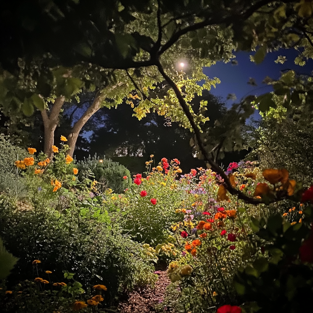 Nighttime garden with colorful flowers