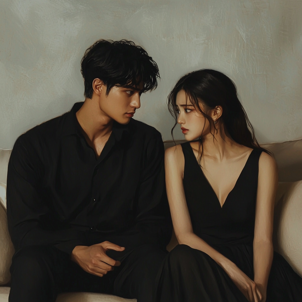 serious Korean man on light sofa with sad girl in black dress.