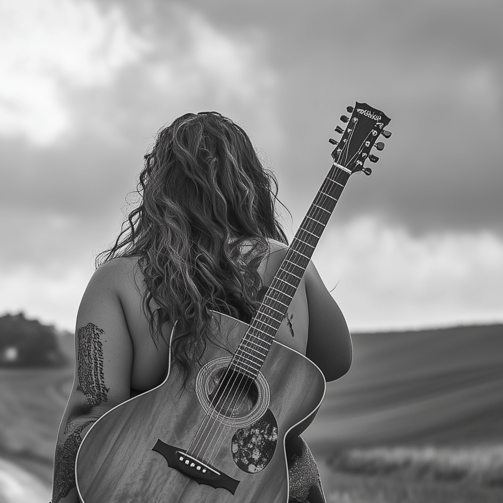 Woman with Guitar on Country Road