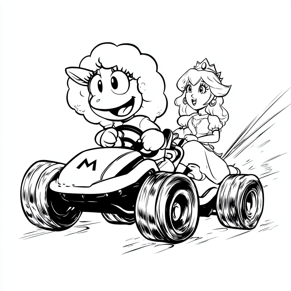 sheep, Mario Kart, Super Mario, Princess Peach, black white