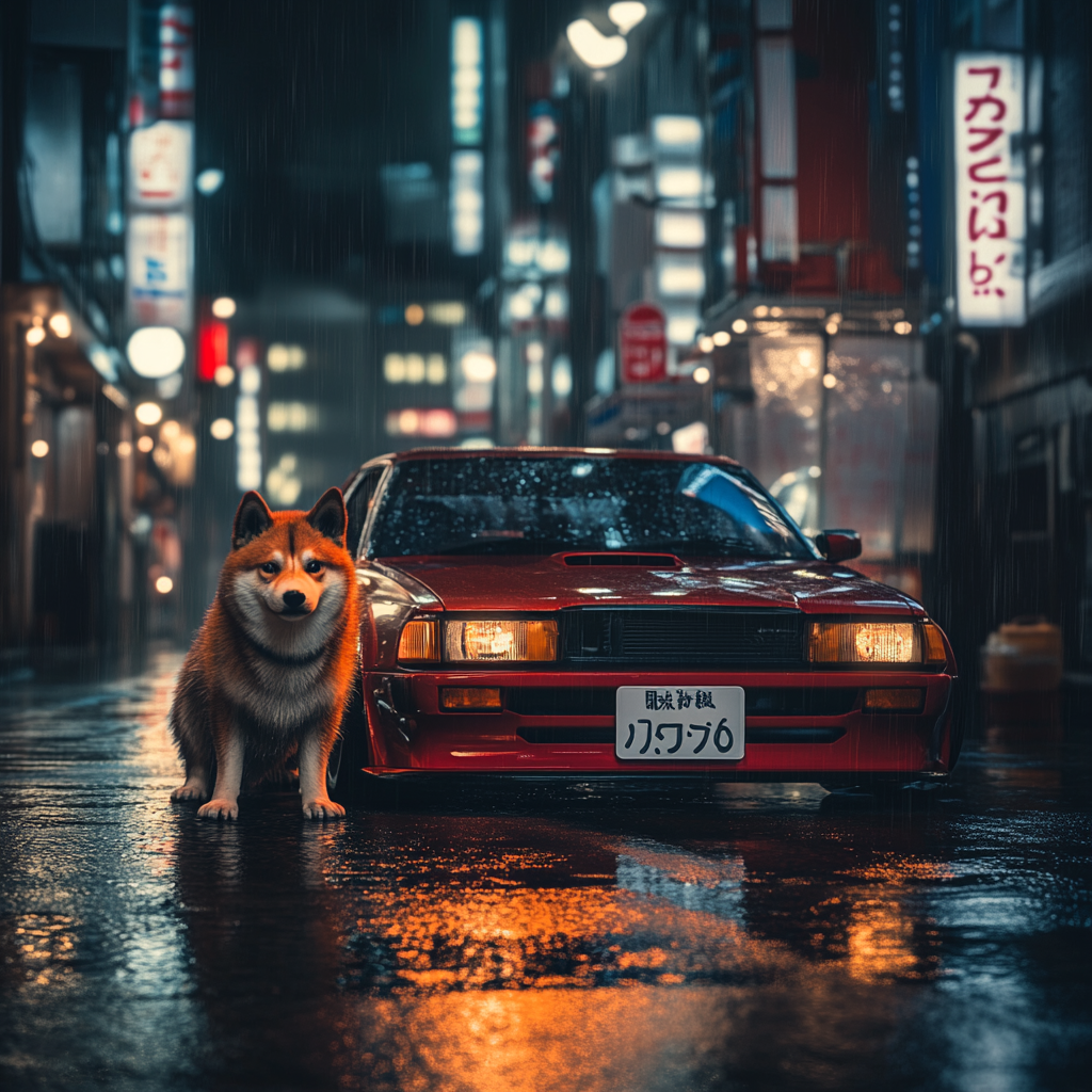 Shiba Inu near Japanese drift car