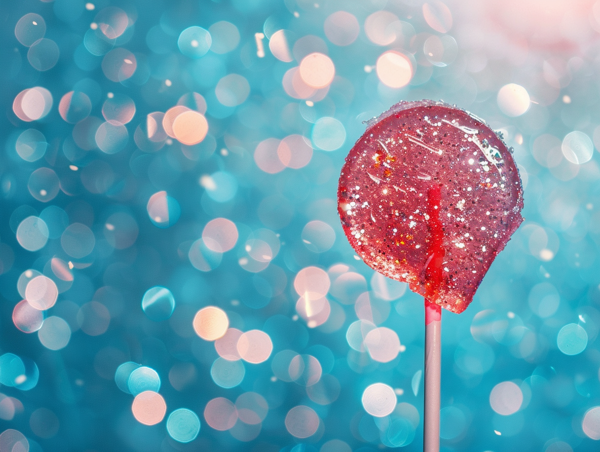 Shiny red glass lollipop on blue background