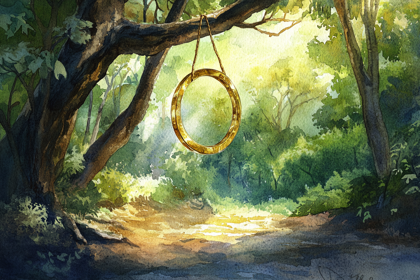 Shiny gold ring on tree branch