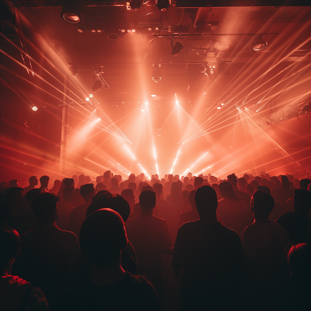 silhouettes dancing in hazy techno nightclub with low ceilings.