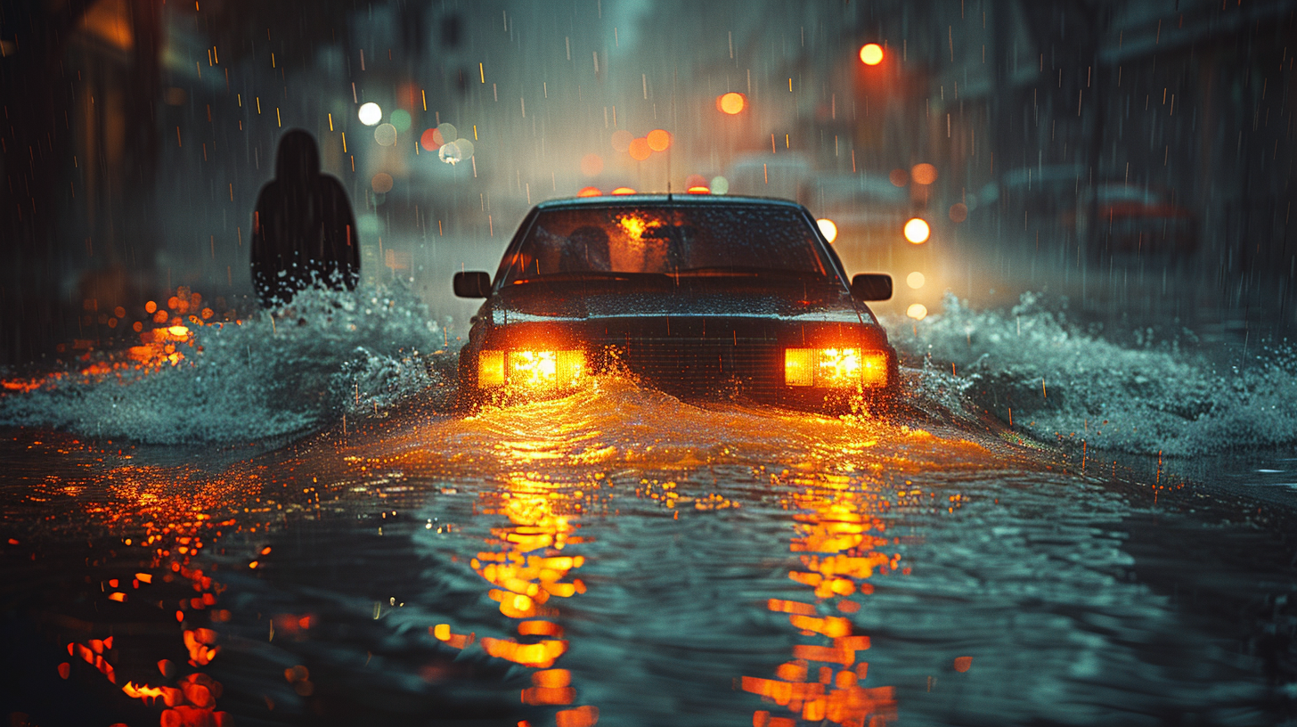 Car sinking in water at night