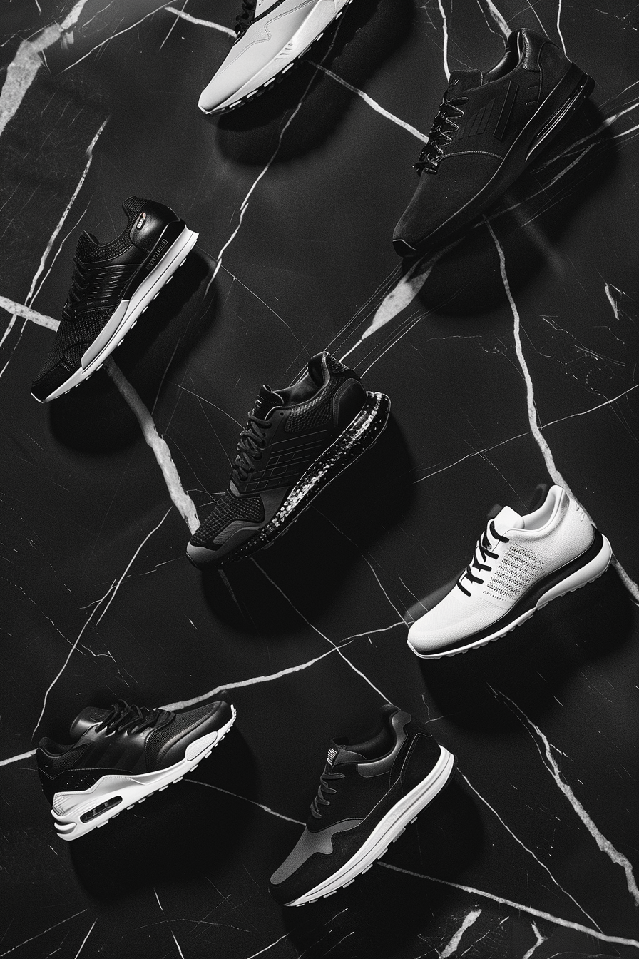 six luxury athletic shoes on black marble display studio