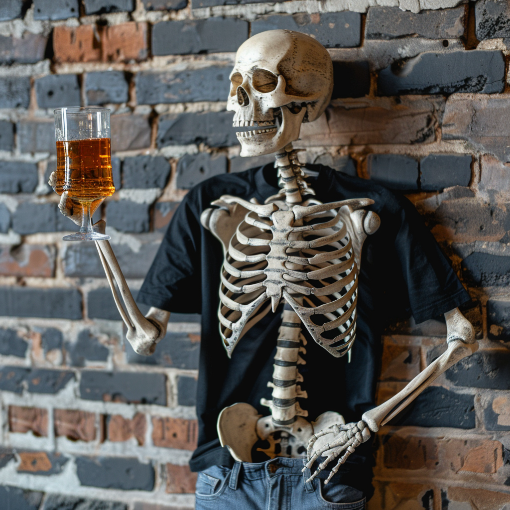 Skeleton in cool attire holding bourbon