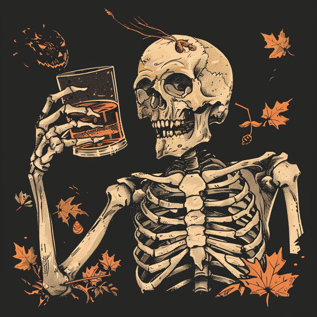 Skeleton wearing t-shirt holding bourbon