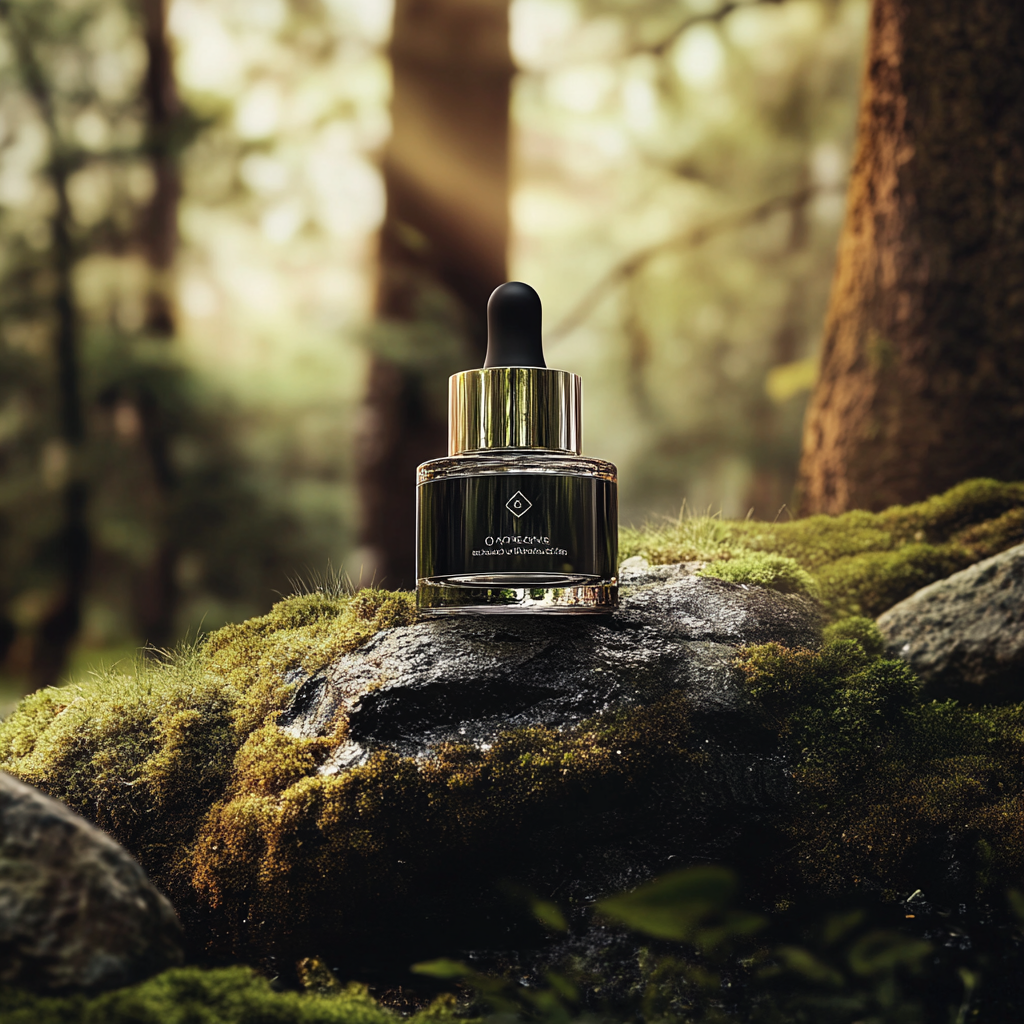 Skincare product in mossy forest