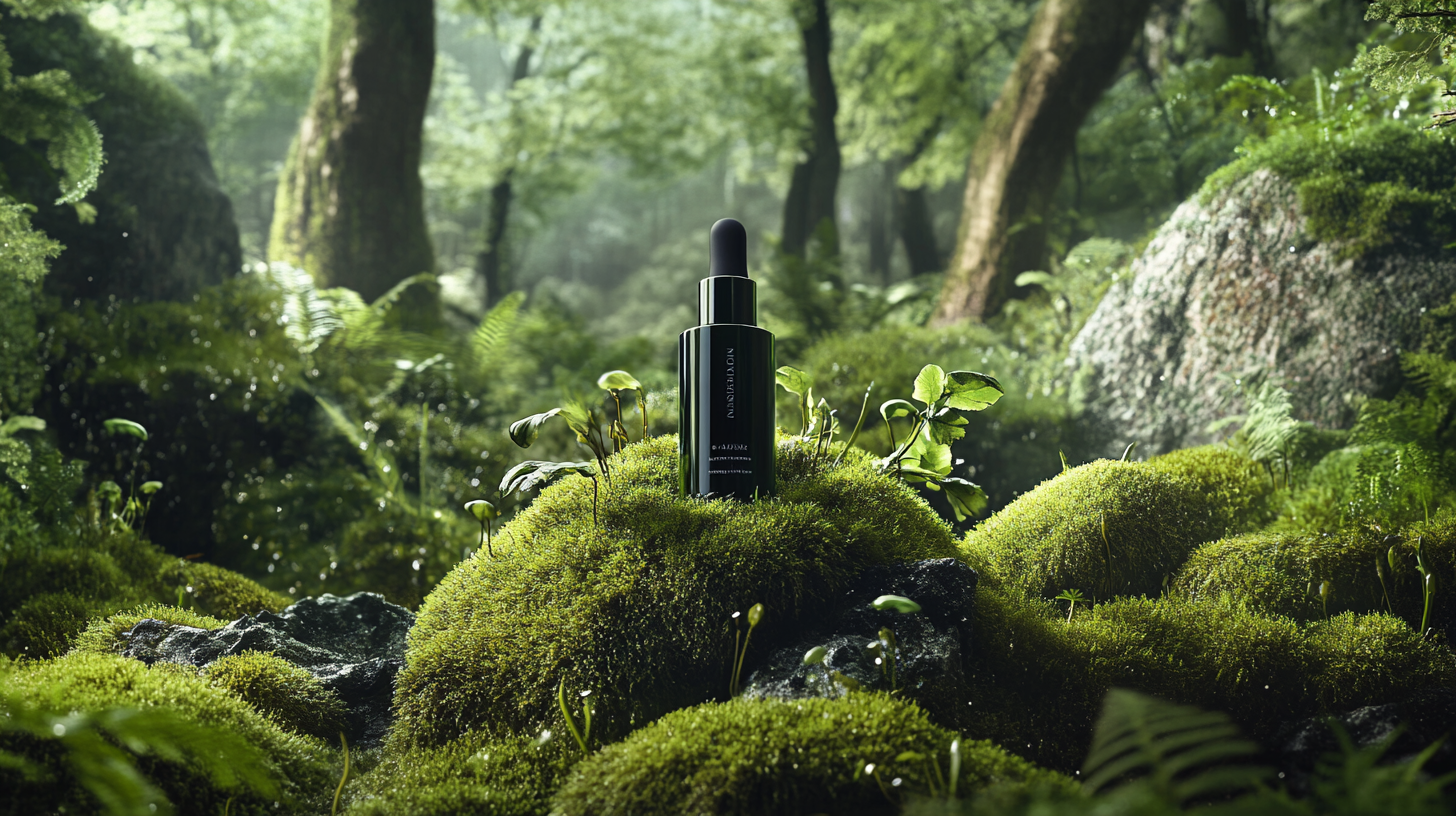 Skincare product in tranquil forest