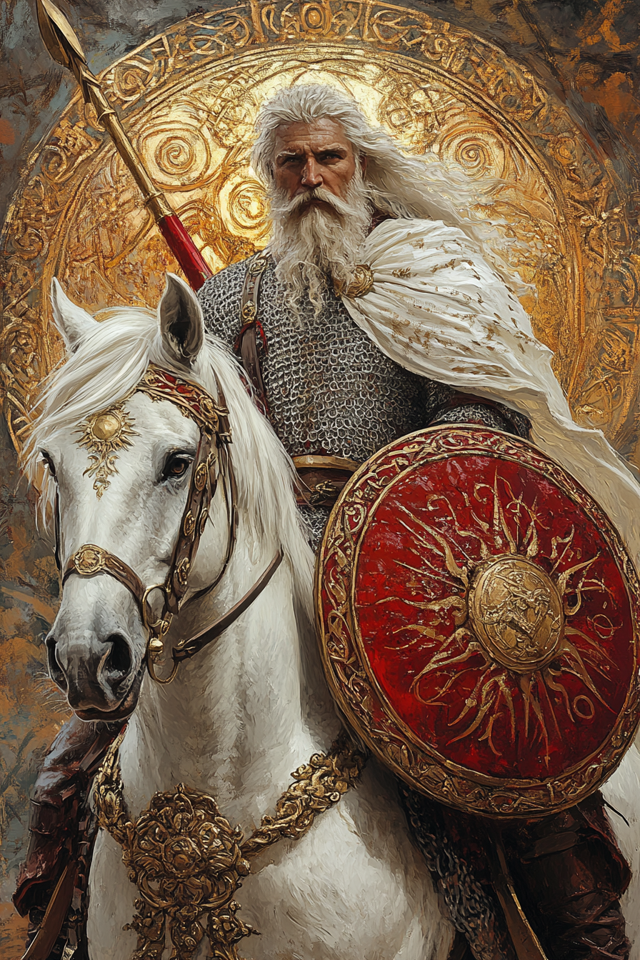 Slavic warrior on white horse