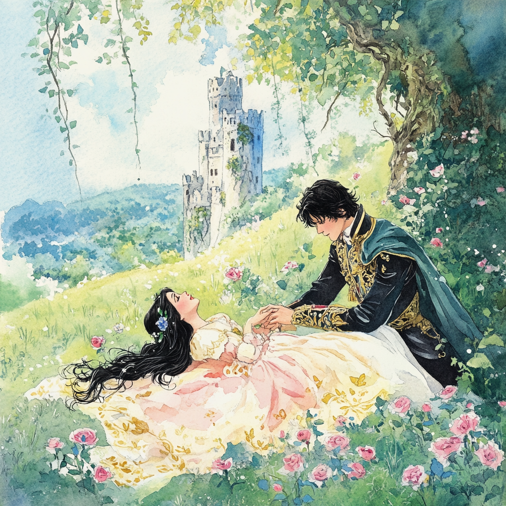 Watercolor Sleeping Beauty and Prince Illustration