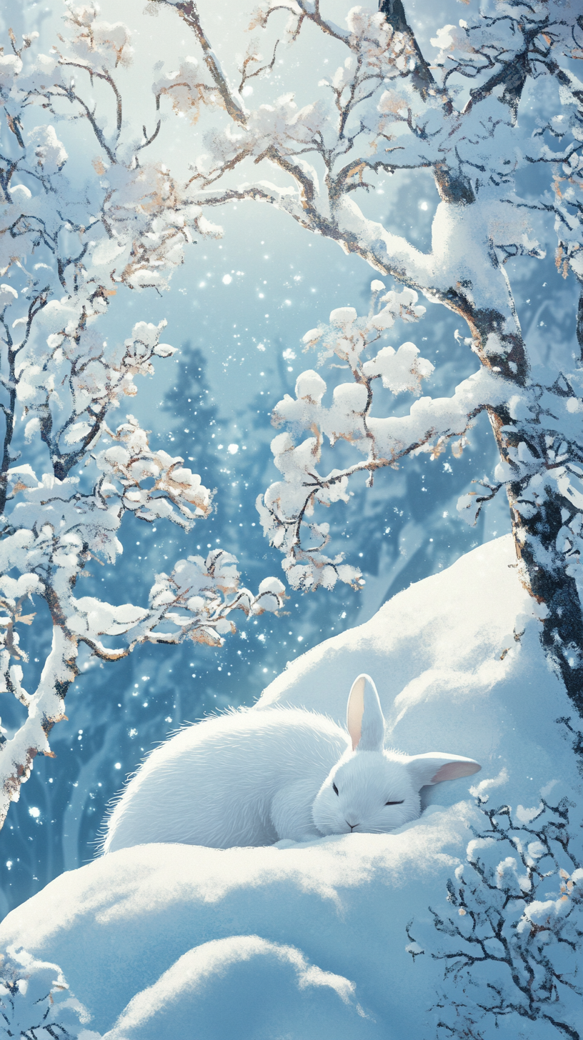 White rabbit sleeping in snow