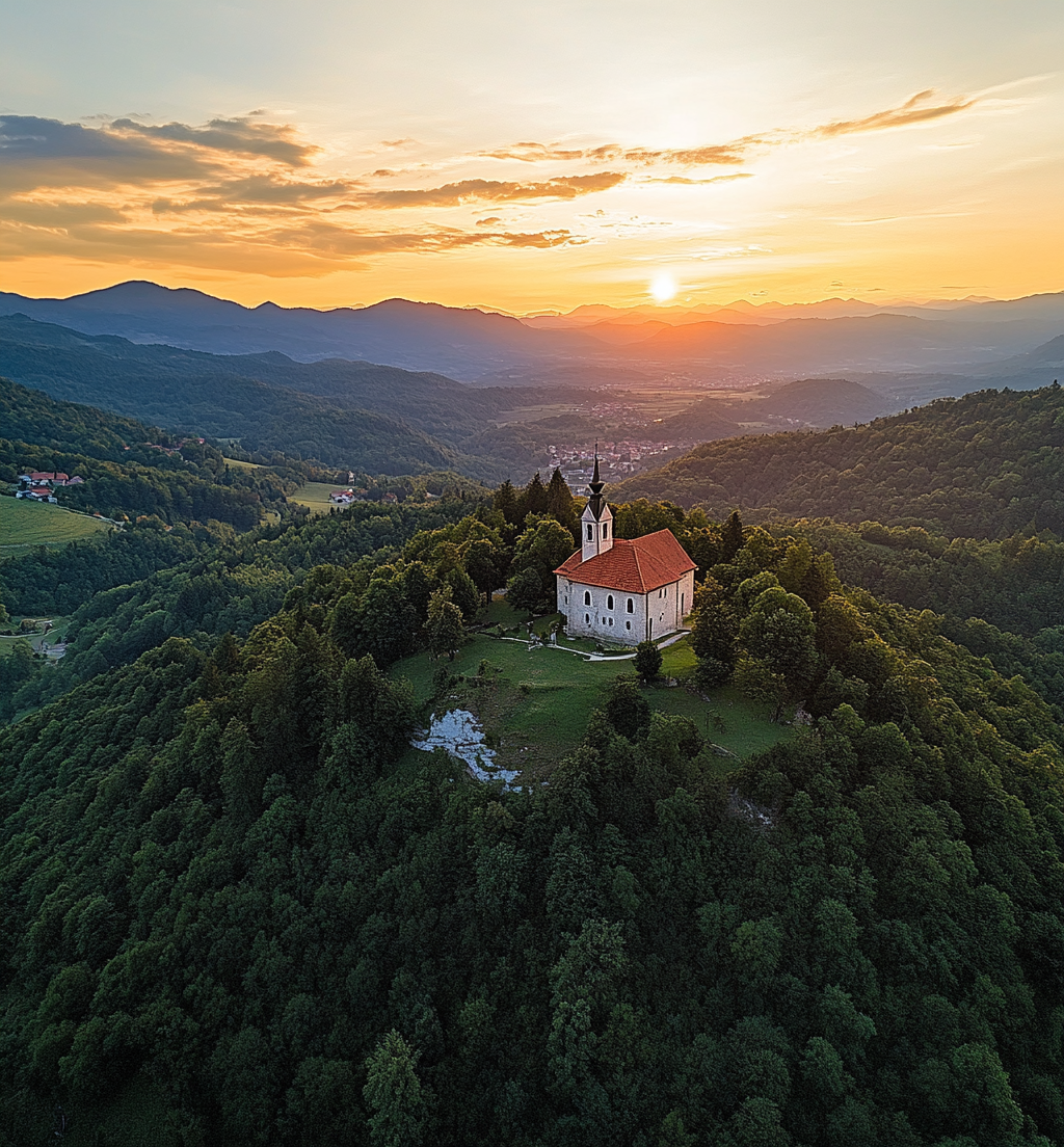 Sunset Spired Church Skofja Loka