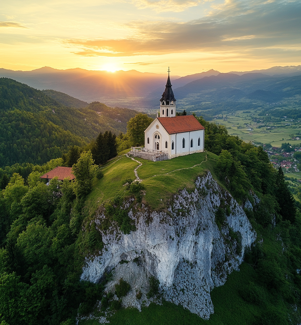 Spired Church in Slovenia Sunset