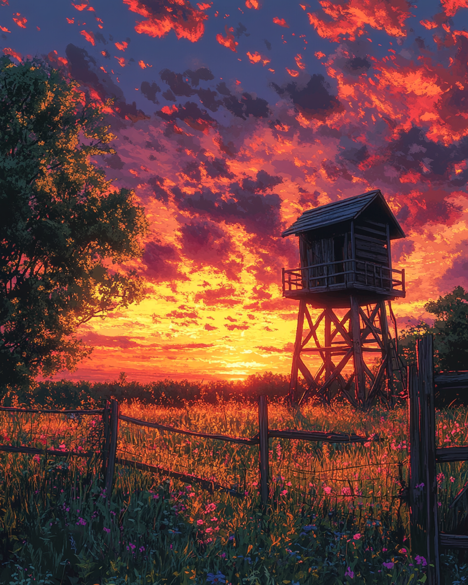 Small watchtower in sunset field