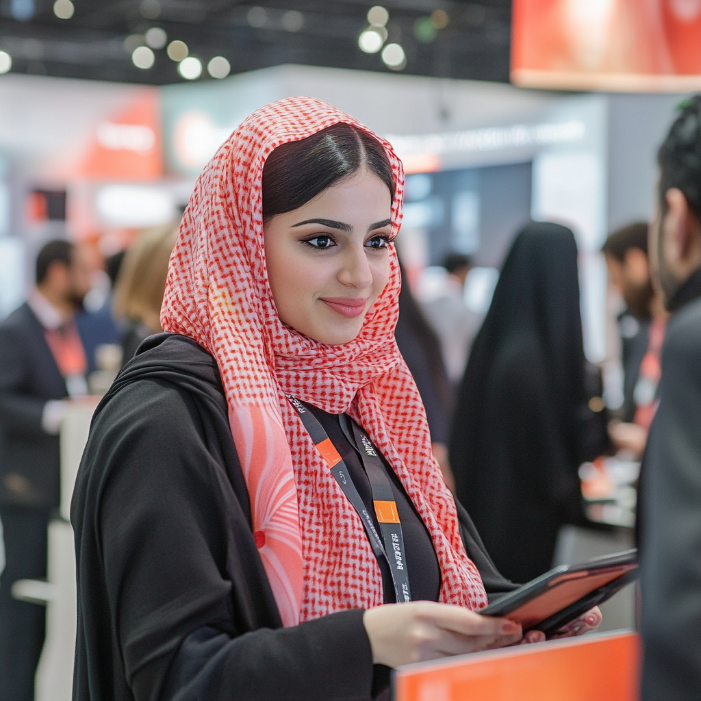 Saudi people networking with smart badges