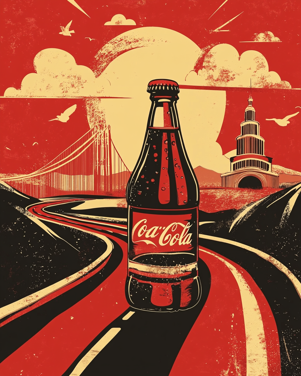 Soda bottle traveling through iconic eras