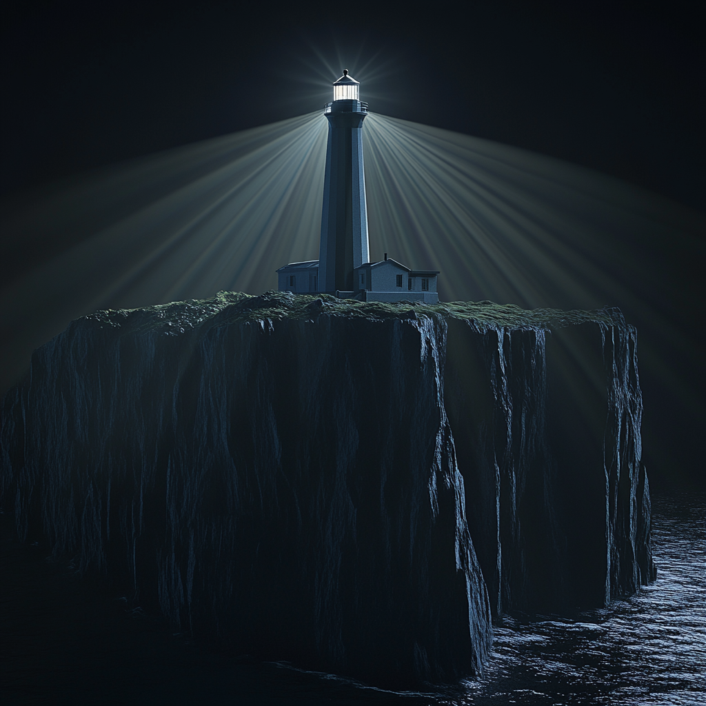 Lighthouse on island at night