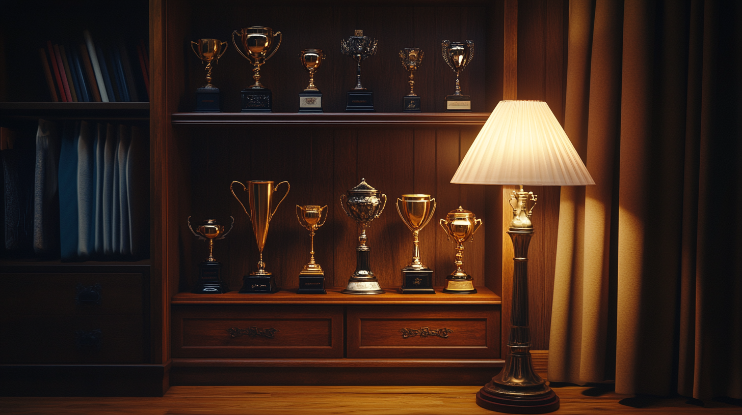 Row of sophisticated trophies at night