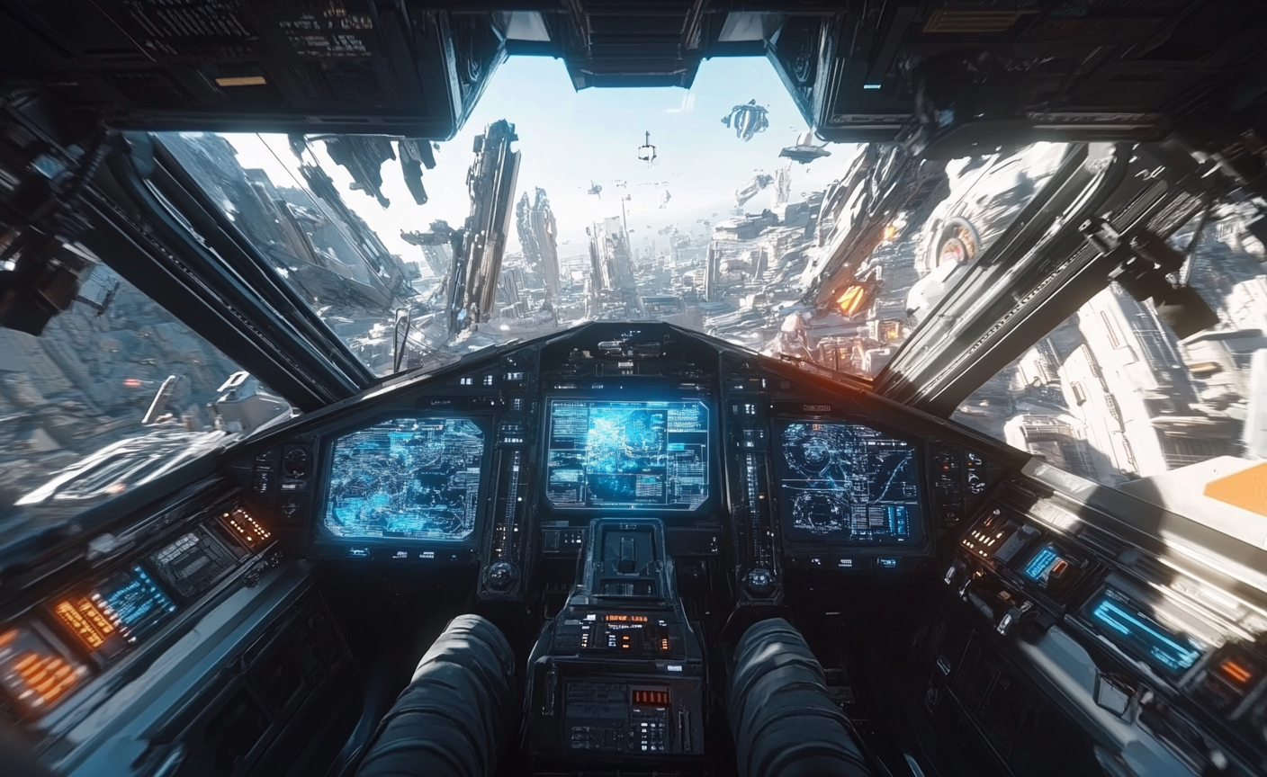 Spaceship cockpit in futuristic city