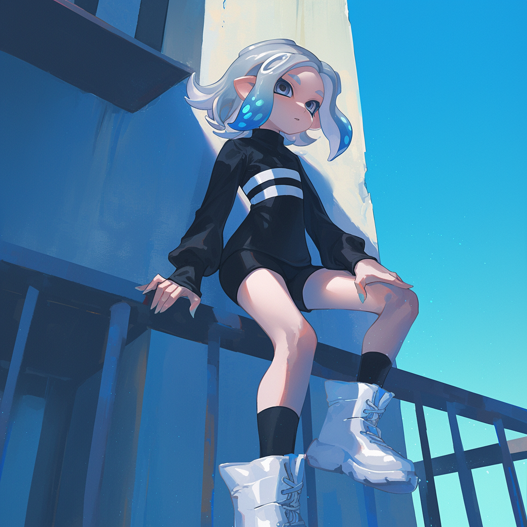 girl with gray hair leaning on railing