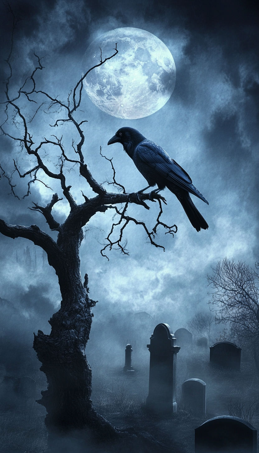 eerie moon tree graveyard raven