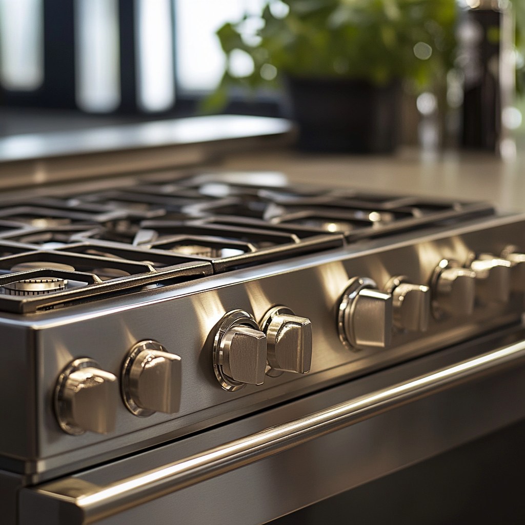 detailed stainless steel rangetop close-up