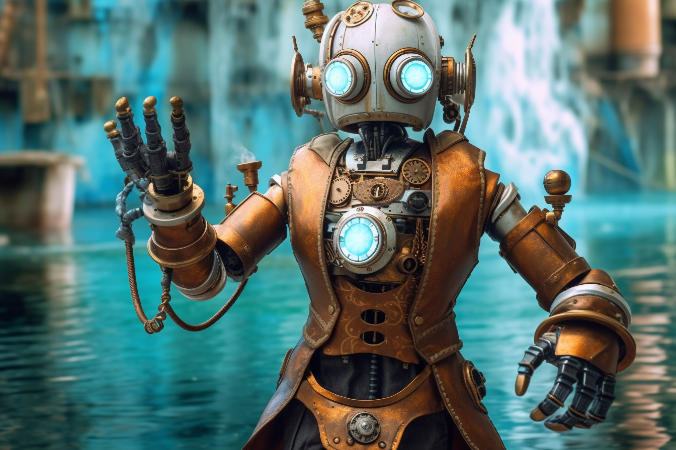 Steampunk android with watery magic hands