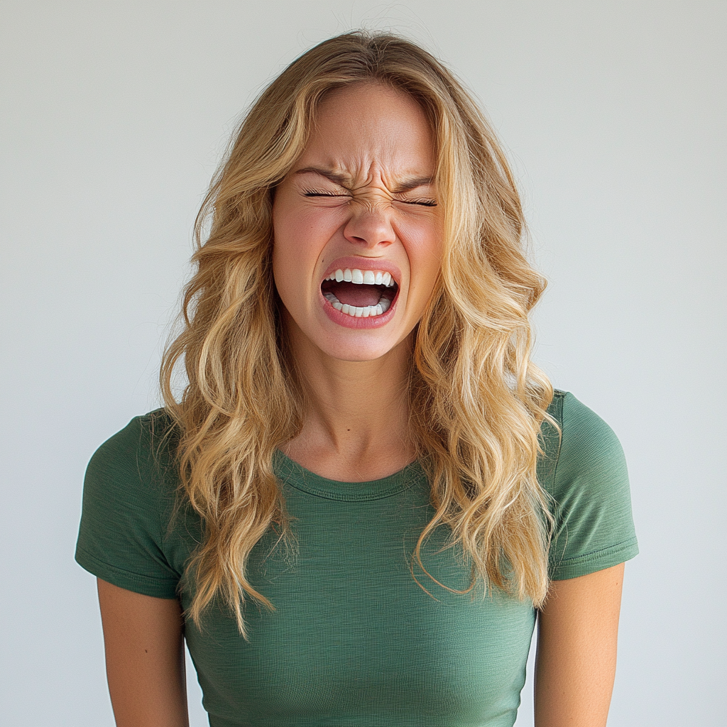 Overwhelmed woman in green shirt