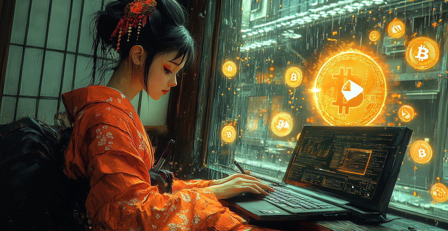 Geisha studying with Bitcoin and Ethereum