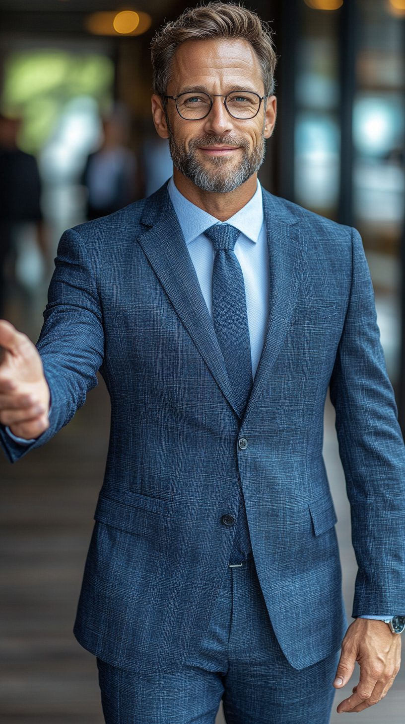 successful man in blue suit helping in wealthy setting