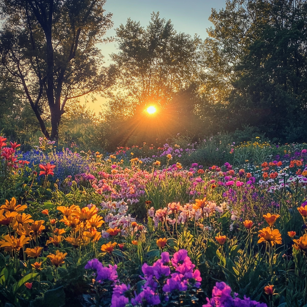 Beautiful Sunrise over Flower Garden