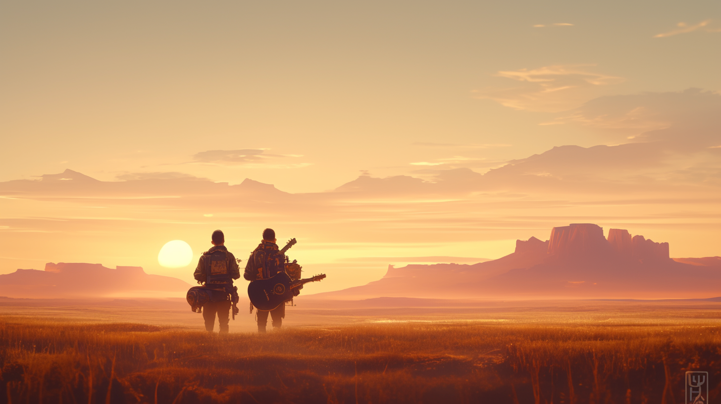 Musicians walking empty desert sunset