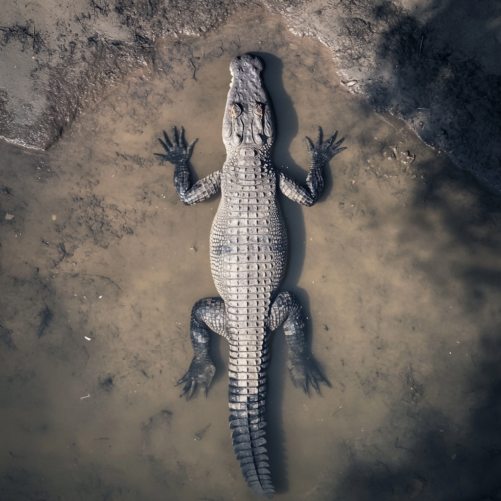 Crocodile swimming with shadow