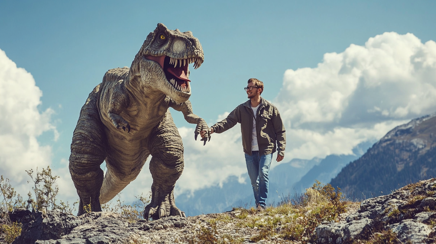 T Rex and Guy Walking Happily