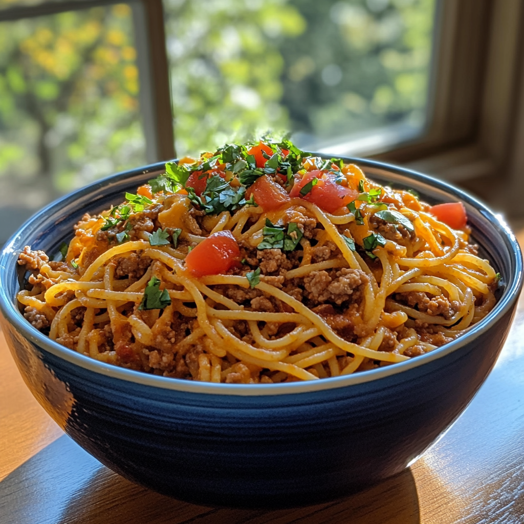 Taco spaghetti on kitchen table