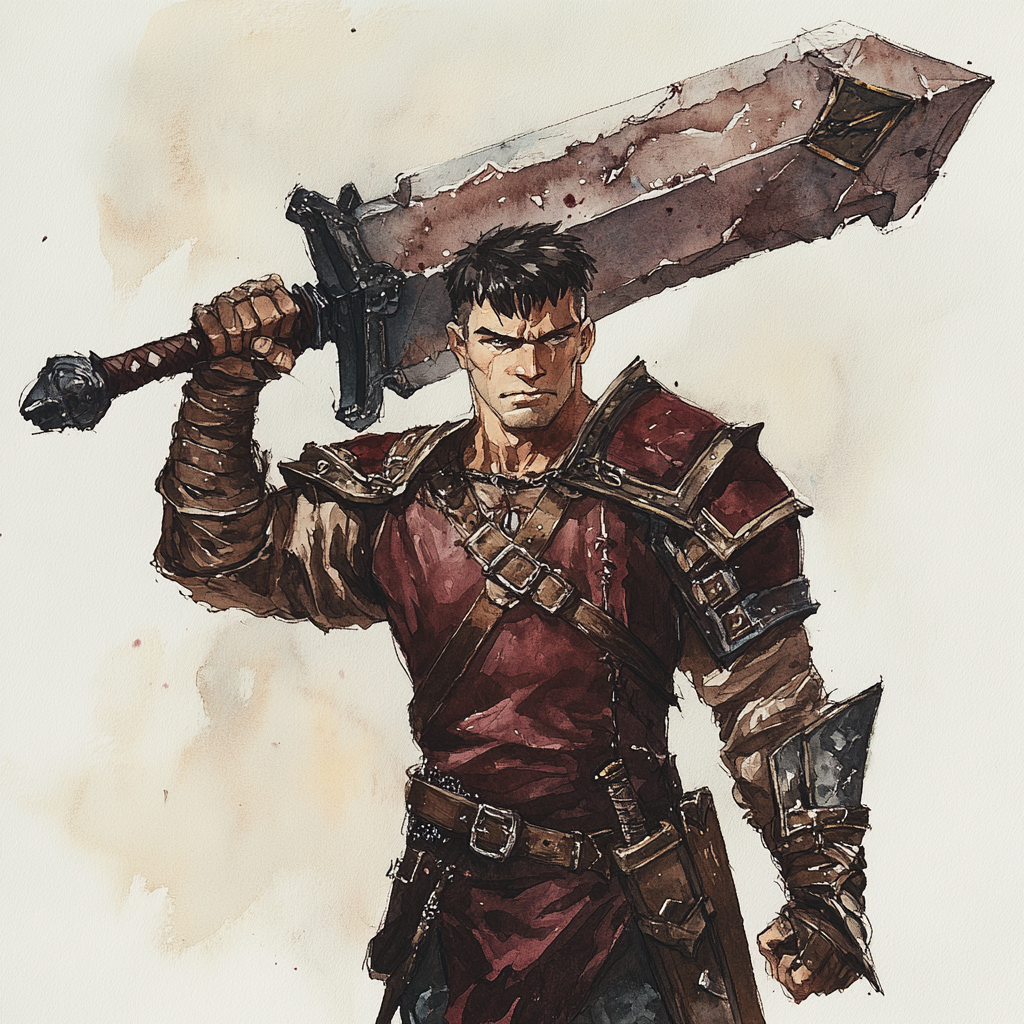 Muscular fighter with greatsword watercolor