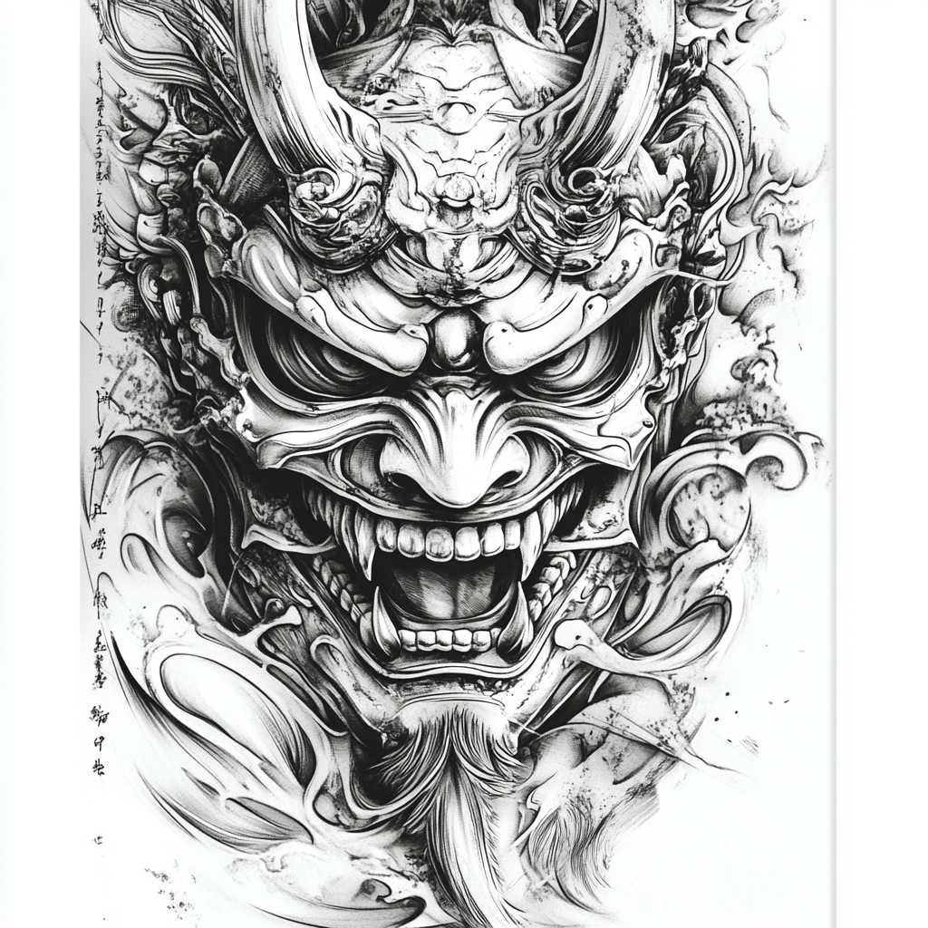 Detailed Samurai Mask Tattoo Design