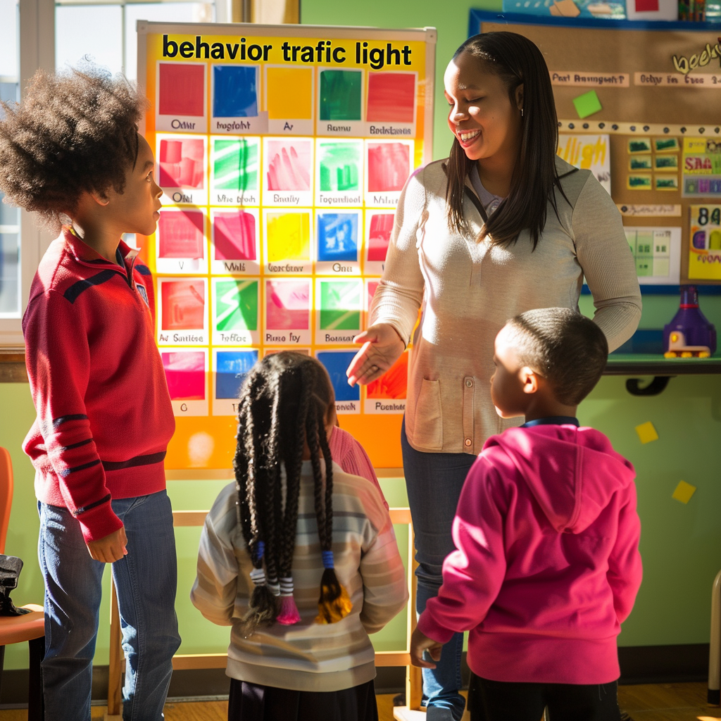 Teacher with behavior traffic light chart