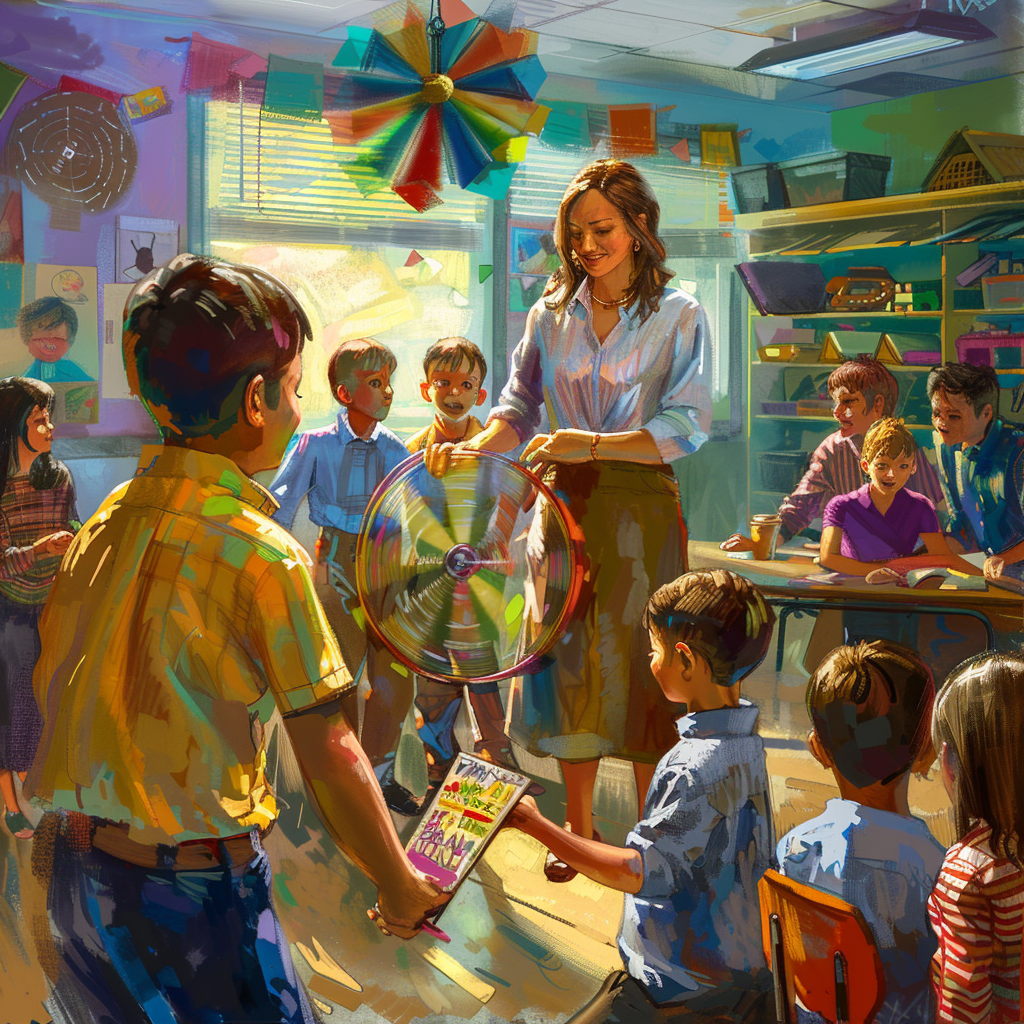 Teacher with spinning wheel classroom activities