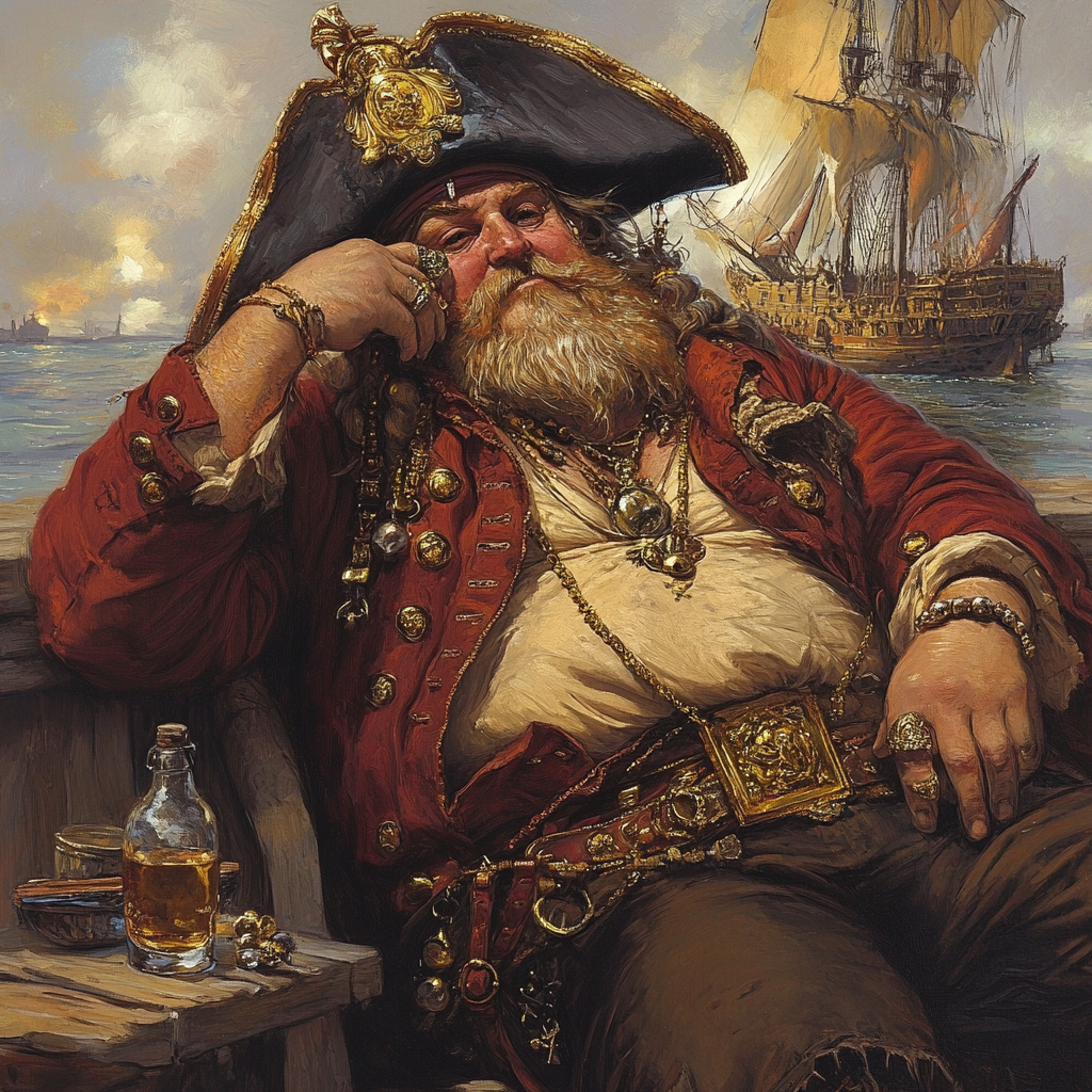 Portly Pirate Drinking on Dock