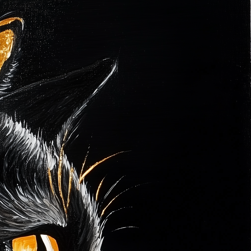 three-colored cat painting on black background with gold detail.