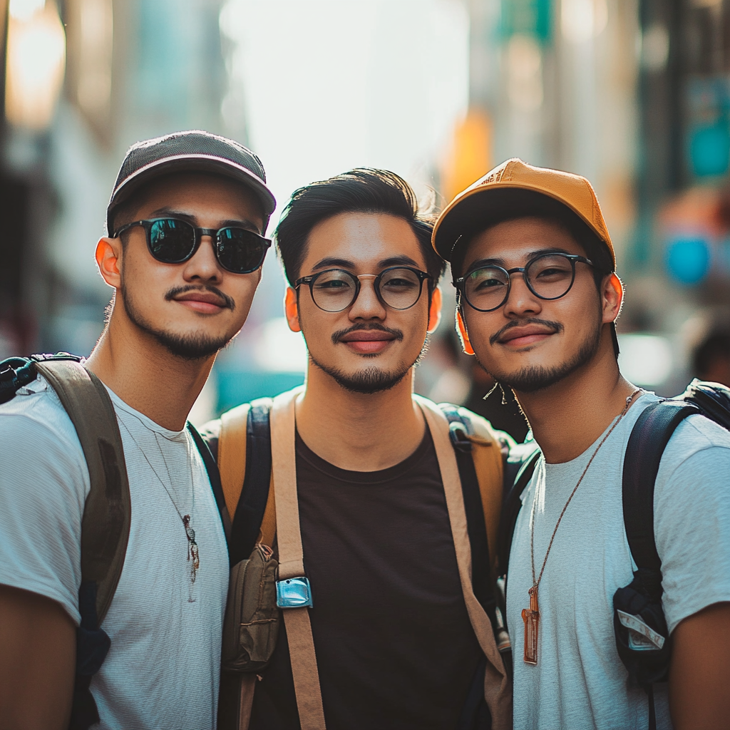 Shaved Tourist Friends Standing Together