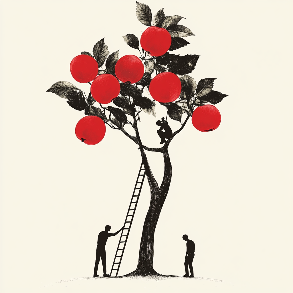 Three People Reaching Fruit Tree Cartoon